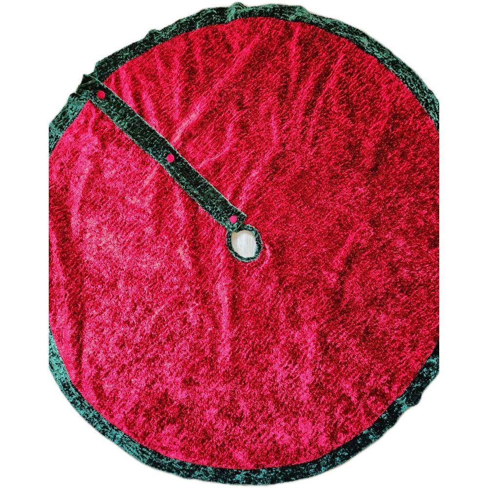 Christmas Tree Skirt 54in Red Crushed Velvet Circle Green Trim Button Detail GUC